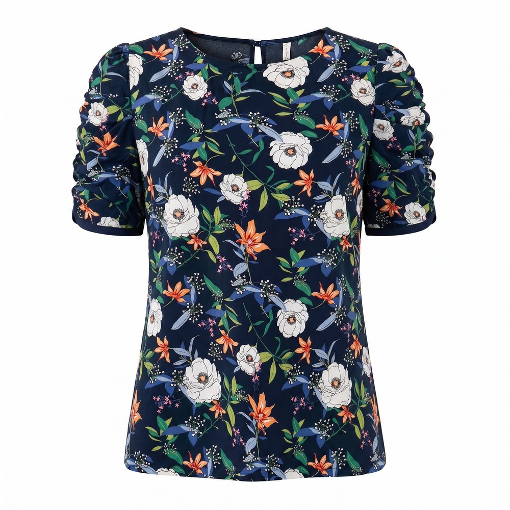 D.n.a Couture Floral Puff Sleeve Blouse 3X Navy Blue Ruched Boho Cottagecore Top
